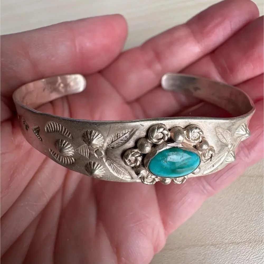 Vintage Modern Taxco Silver & Turquoise Cuff Bracelet